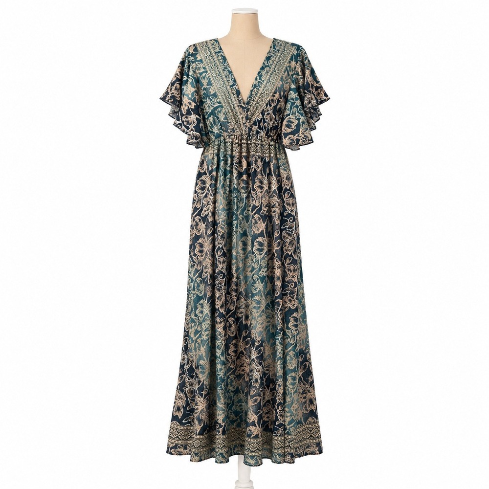 Zury Vintage Y2K Silk Floral Maxi Dress Flutter Sleeve Boho Forest Fairy Grunge
